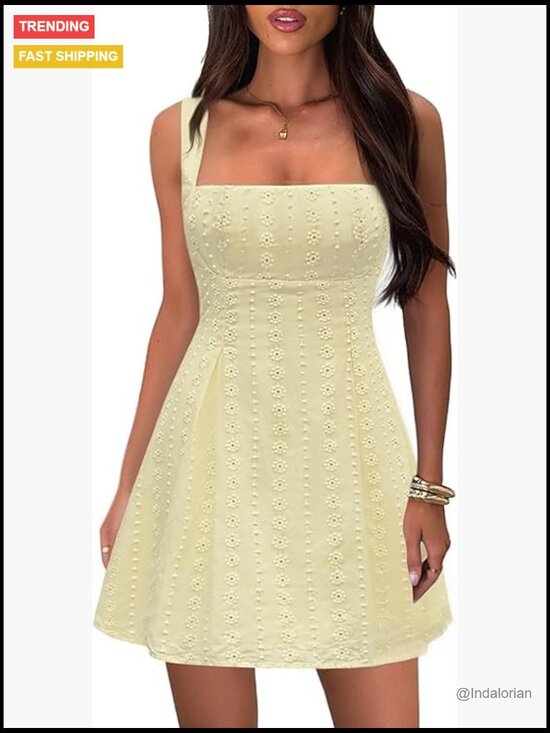 Dresses & Skirts - 100% Cotton Square Neck Mini Dress Backless Bow Tie Sleeveless A-Line